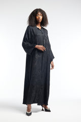 LB38 Black Abaya Defined Floral Glitter